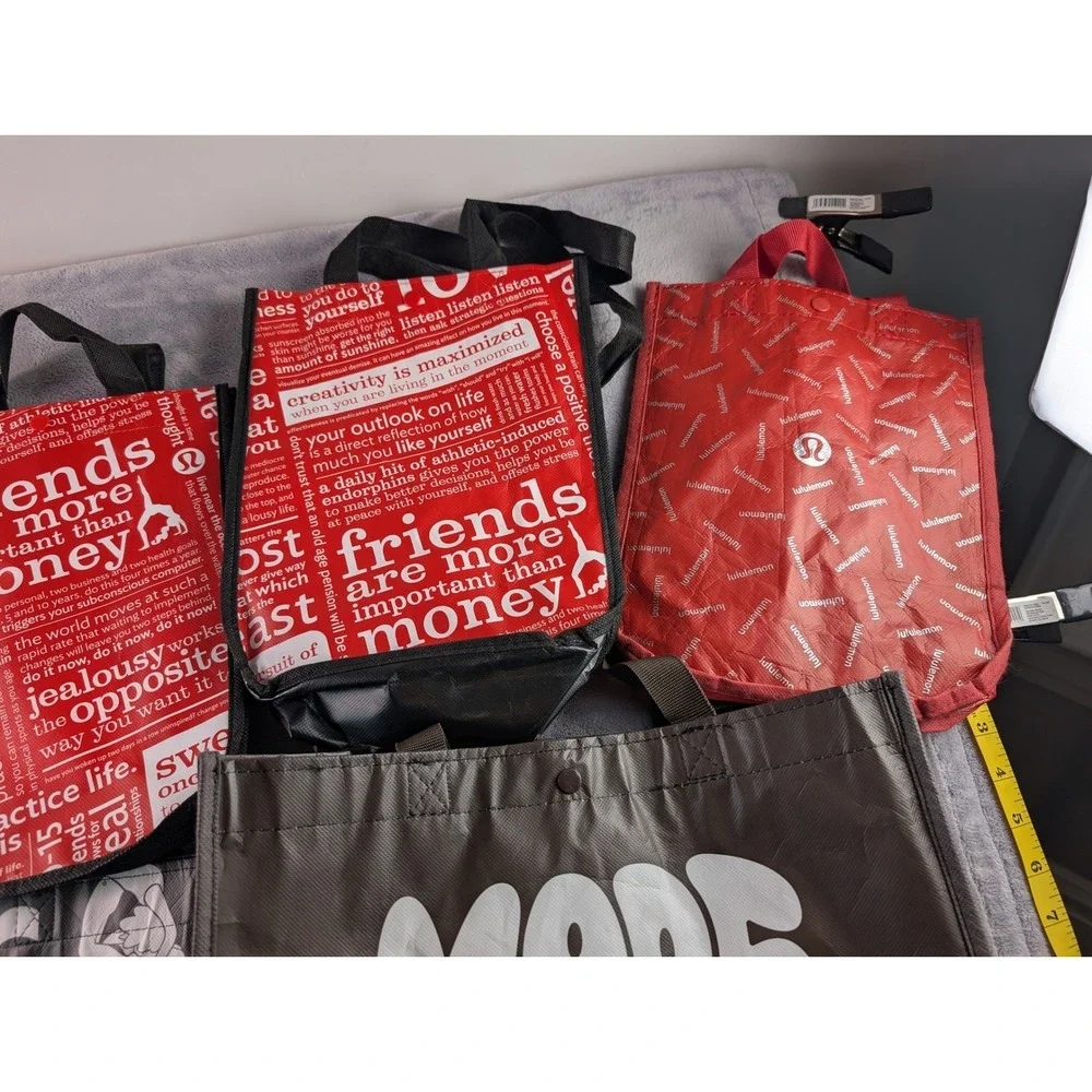 Lululemon Reusable Shopping Tote Bag Lot of 11 Mixed Sizes Red White Black Green